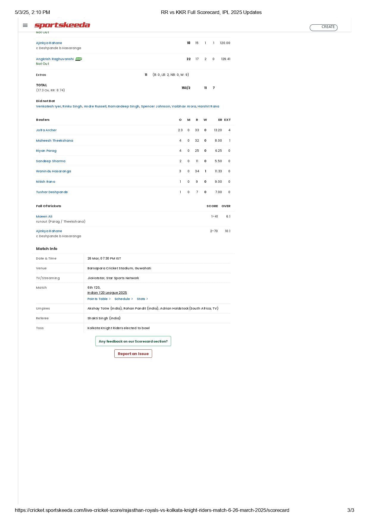 RR vs KKR IPL 2025 scorecard.